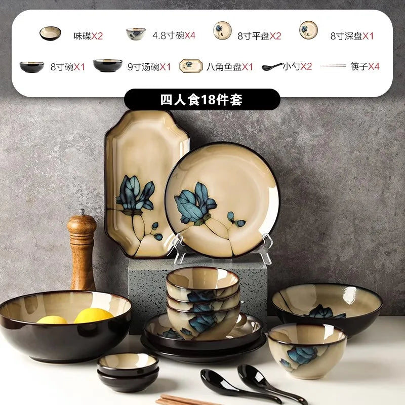 Japanese-style Tableware Set Moving House Creative Retro Bowl And Plate Tableware Set Home Use Plate Bowl And Chopsticks Set