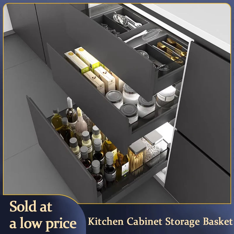 Pull-Out Basket Kitchen Cabinet Double-Layer Pull-Out Space Aluminum Alloy Drawer To Store Seasoning Kitchen Cabinet Bowl Basket