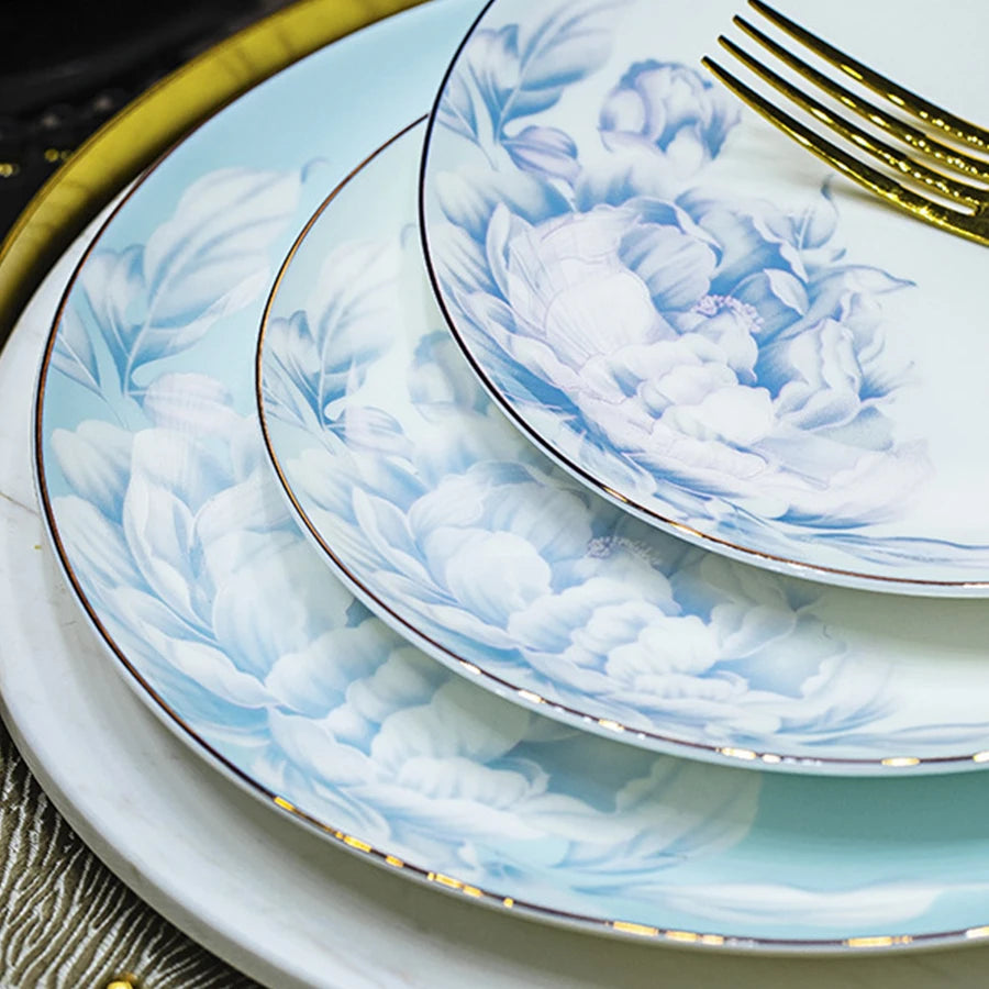 Jingdezhen Bone China Rice Bowl, Plate Spoon Dinnerware Set Light luxury Food Plate Chinese Restaurant Complete set of Tableware