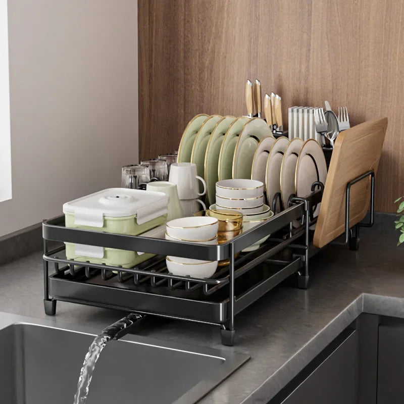Retractable Dish Drainer Kitchen Storage Organization Sink Dish Rack with Tray Plate Bowl Cup Kitchenware Tableware Drainer Rack