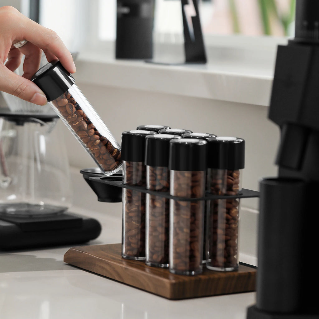 MHW-3BOMBER Coffee Bean Cellars Tubes Single Dose Coffee Bean Storage with 8 Tubes with Exhaust Valve Shelf & Funnel Cafe Tools