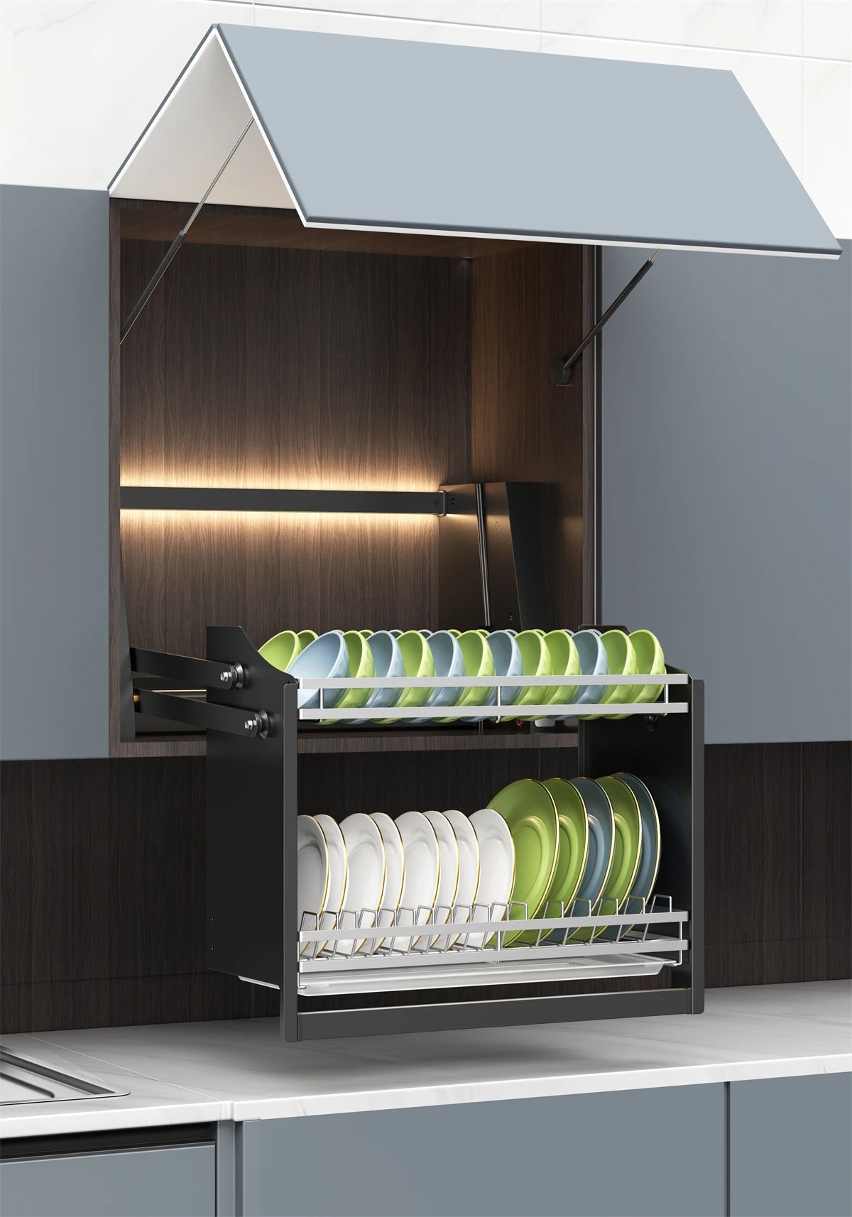Smart Dish Rack Touch Switch Pull Down Shelf Electric Upper Cabinet Organizer LED Anti-Collision Quiet Kitchen Storage