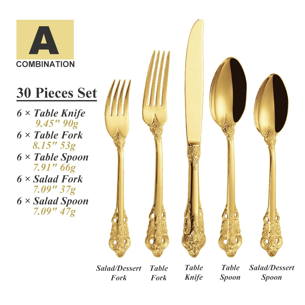 30-Pieces Royal Vintage Gold Plated Stainless Steel Cutlery Colorful Spoon Fork Knife Set Black Rose Gold Flatware Service For 6