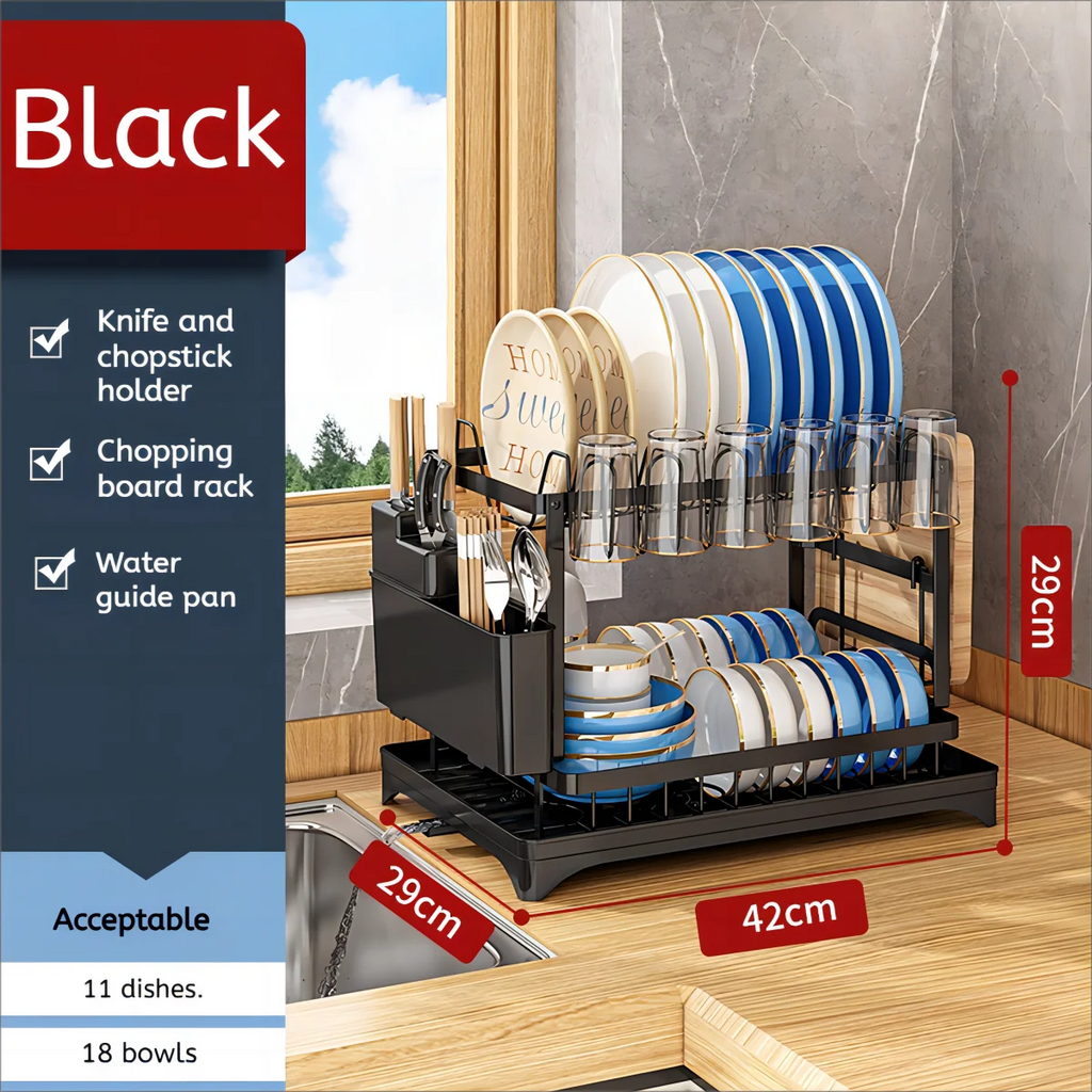 2 Tier Dish Drying Rack Kitchen Bowl Drainer Storage Rack Tableware Drain Chopsticks Knife Fork Water Cup Storage Holder 2 Tier