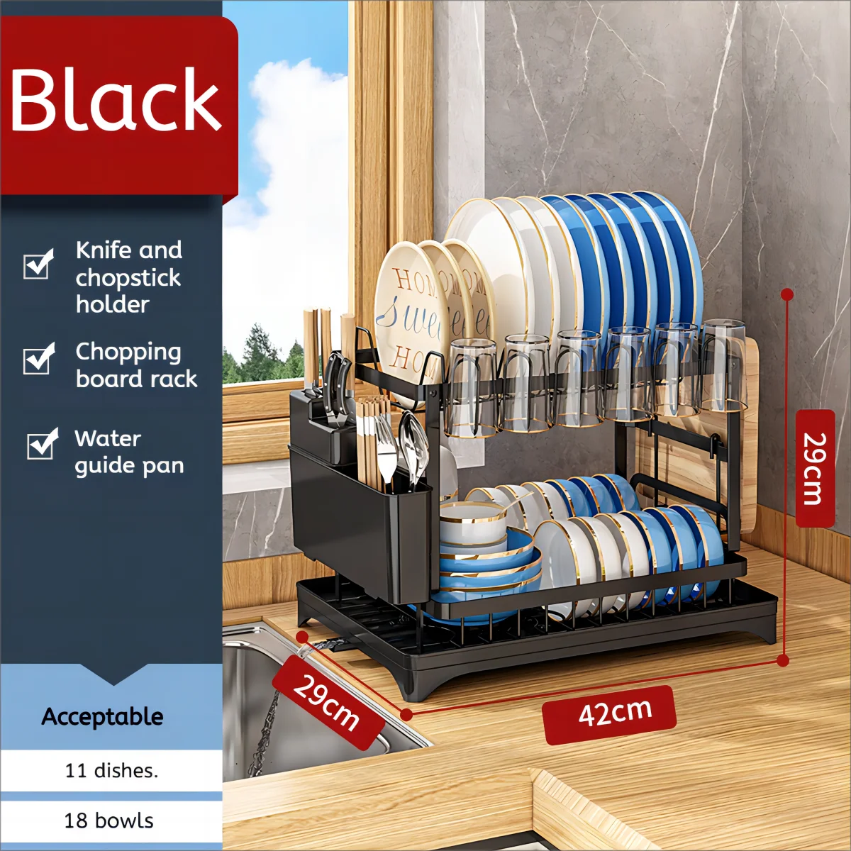 2 Tier Dish Drying Rack Kitchen Bowl Drainer Storage Rack Tableware Drain Chopsticks Knife Fork Water Cup Storage Holder 2 Tier
