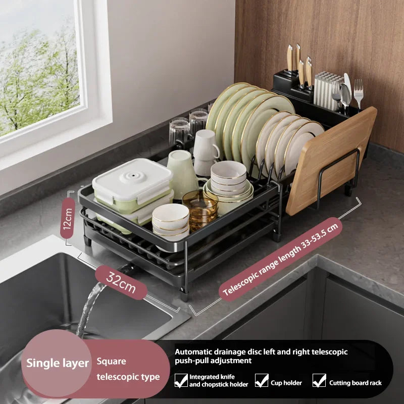 Retractable Dish Drainer Kitchen Storage Organization Sink Dish Rack with Tray Plate Bowl Cup Kitchenware Tableware Drainer Rack