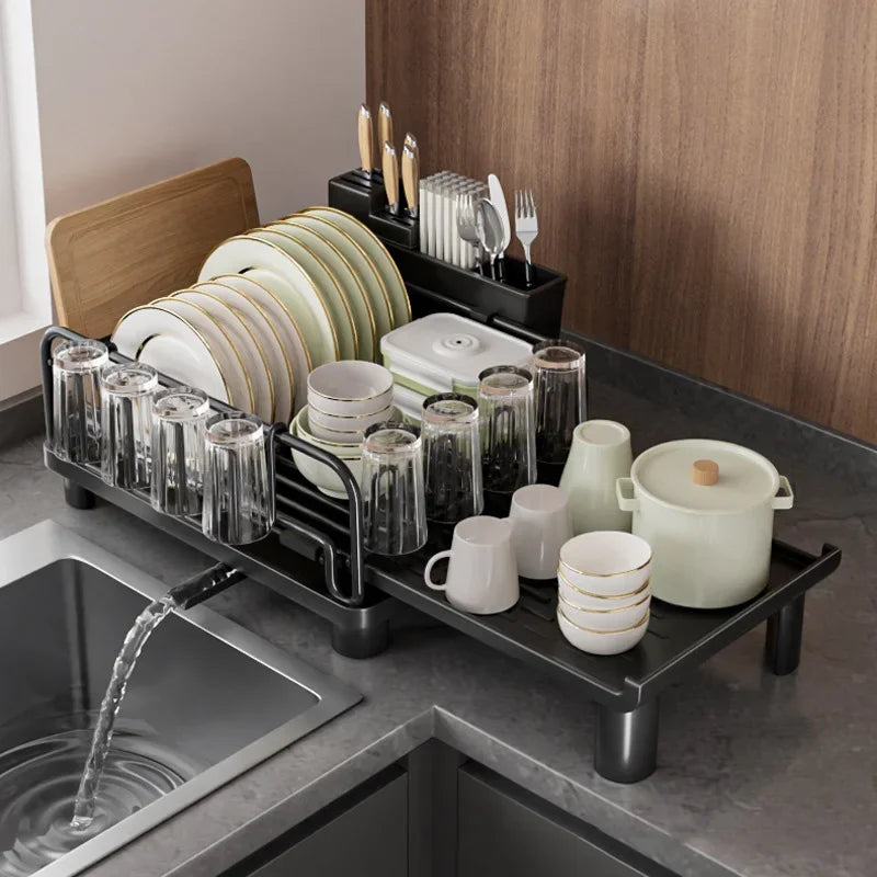 Retractable Dish Drainer Kitchen Storage Organization Sink Dish Rack with Tray Plate Bowl Cup Kitchenware Tableware Drainer Rack