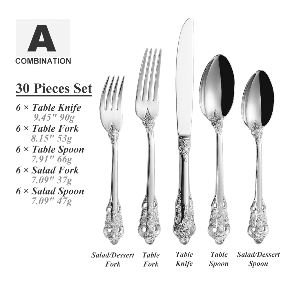 30-Pieces Royal Vintage Gold Plated Stainless Steel Cutlery Colorful Spoon Fork Knife Set Black Rose Gold Flatware Service For 6