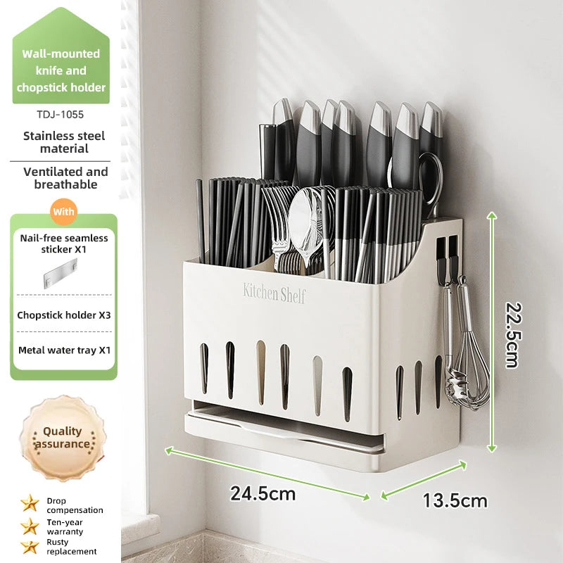 Cream Style Stainless Steel Kitchen Draining Rack, Wall Mounted Integrated Tableware Cage, Multifunctional Knife Chopsticks Stor