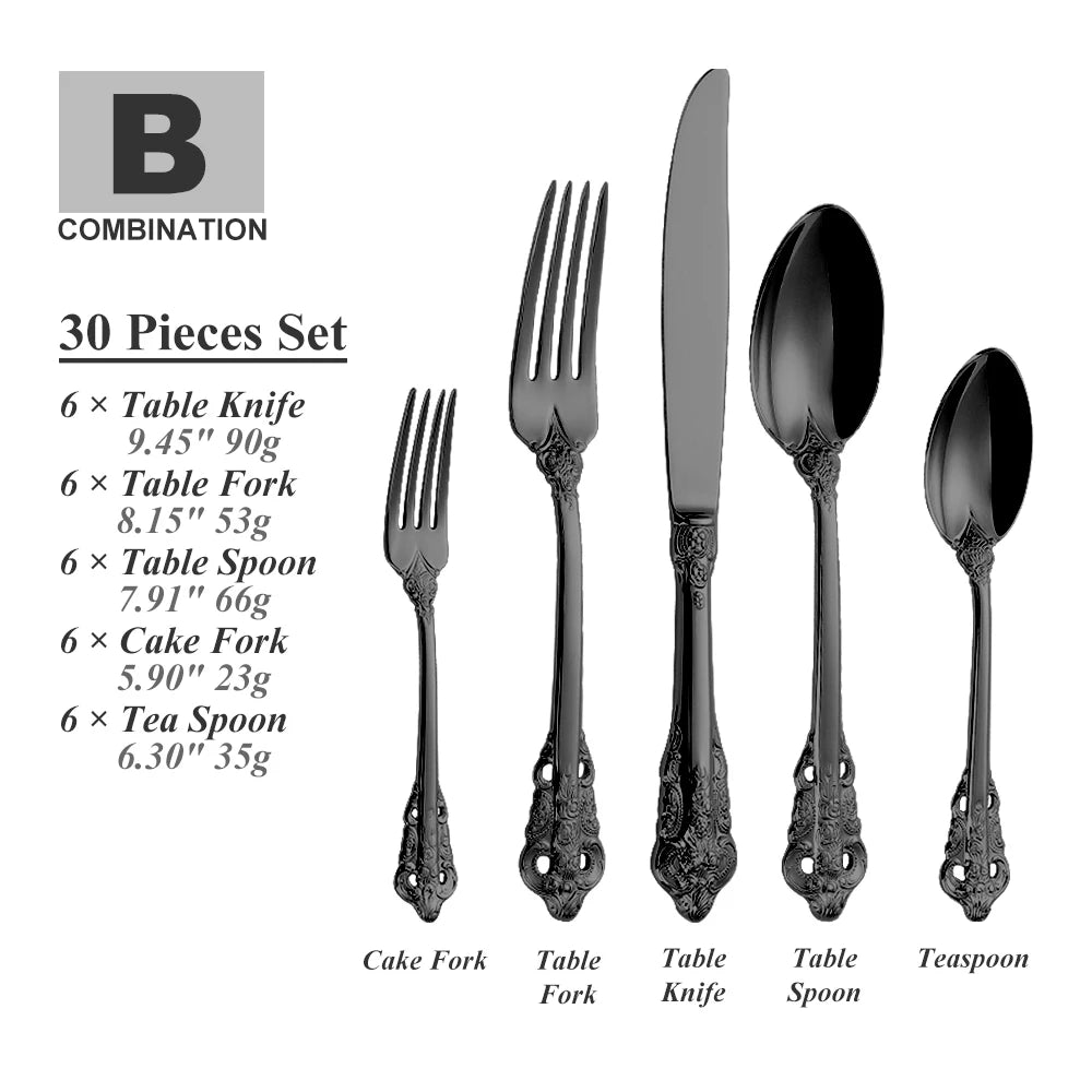 30-Pieces Royal Vintage Gold Plated Stainless Steel Cutlery Colorful Spoon Fork Knife Set Black Rose Gold Flatware Service For 6