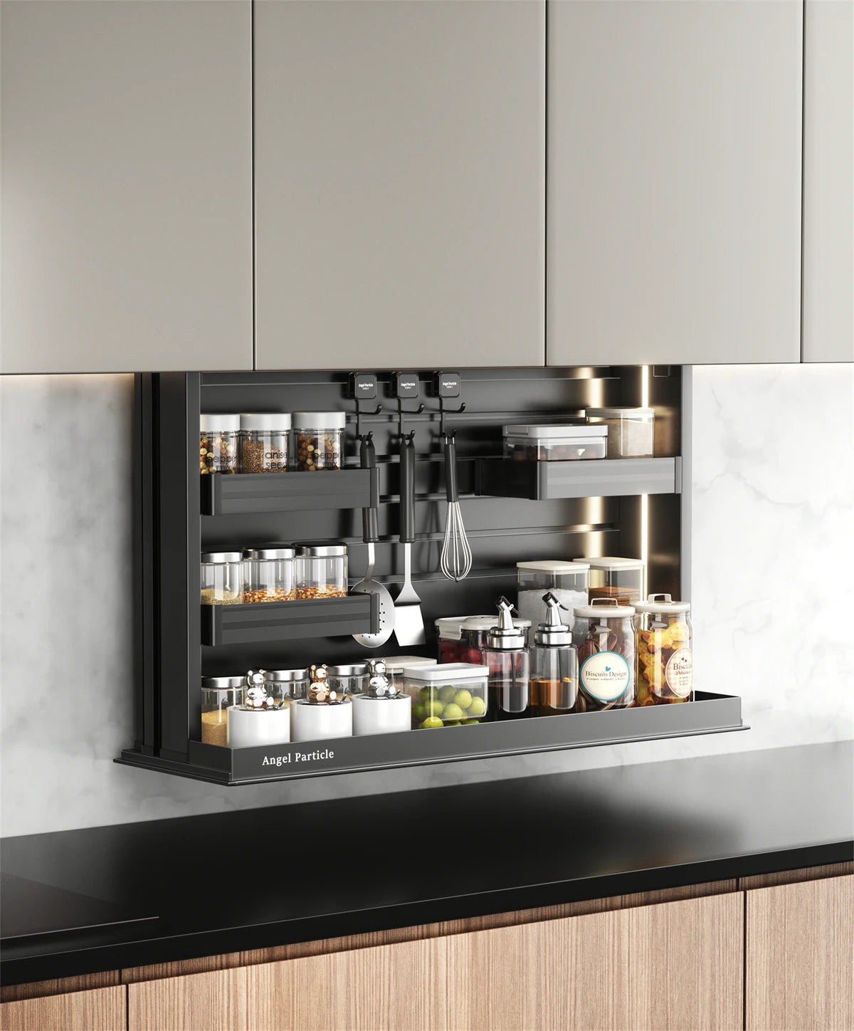 Electric Pull Down Cabinet Organizer Smart Lifting Spice Rack with Sensor Light Anti-Collision for Kitchen Upper Cabinet Storage