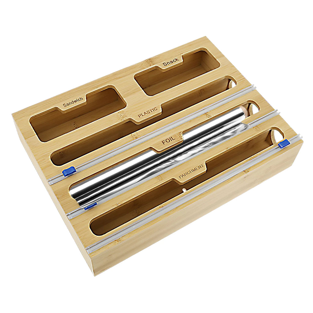 5 in 1 Plastic Wrap Dispenser Cling Film Box Cutter Kitchen Food Bamboo Fresh Bag Aluminum Foil Film Dispenser Storage Holder