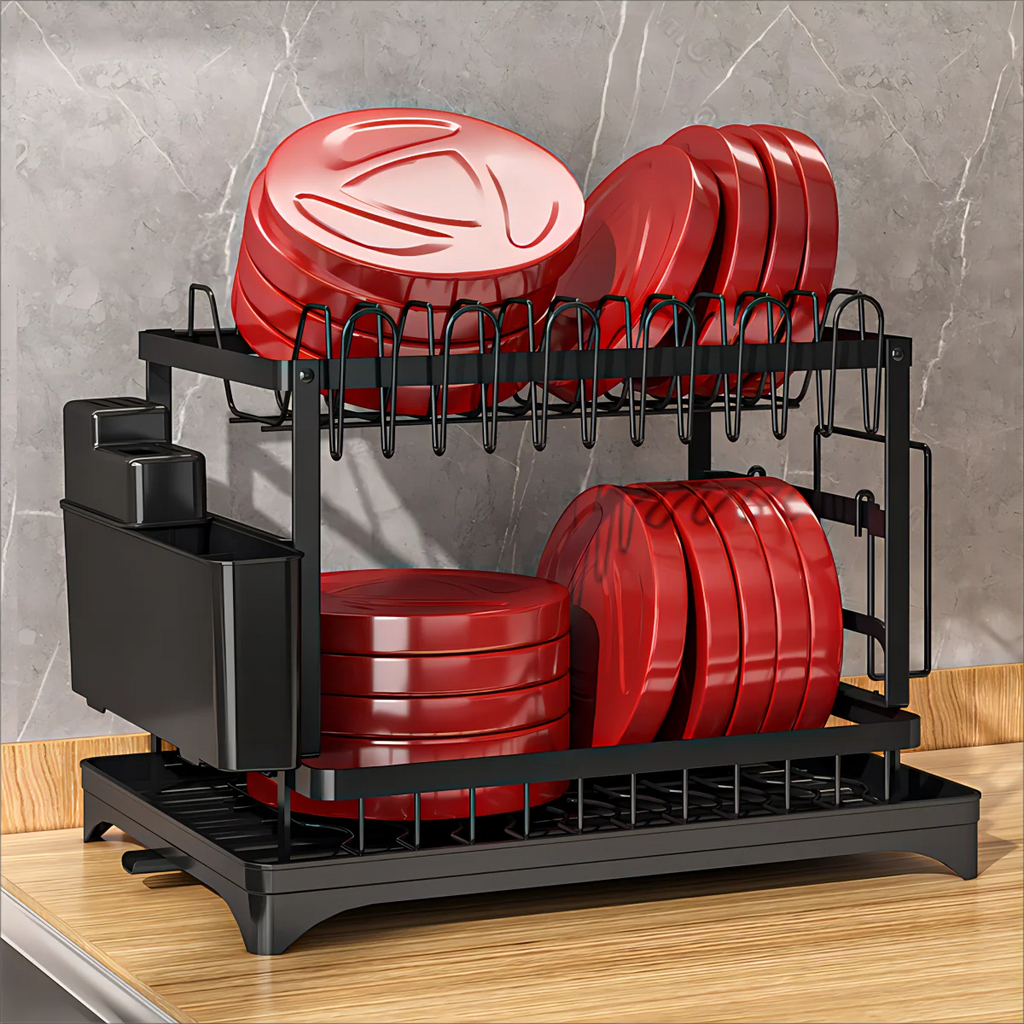 2 Tier Dish Drying Rack Kitchen Bowl Drainer Storage Rack Tableware Drain Chopsticks Knife Fork Water Cup Storage Holder 2 Tier