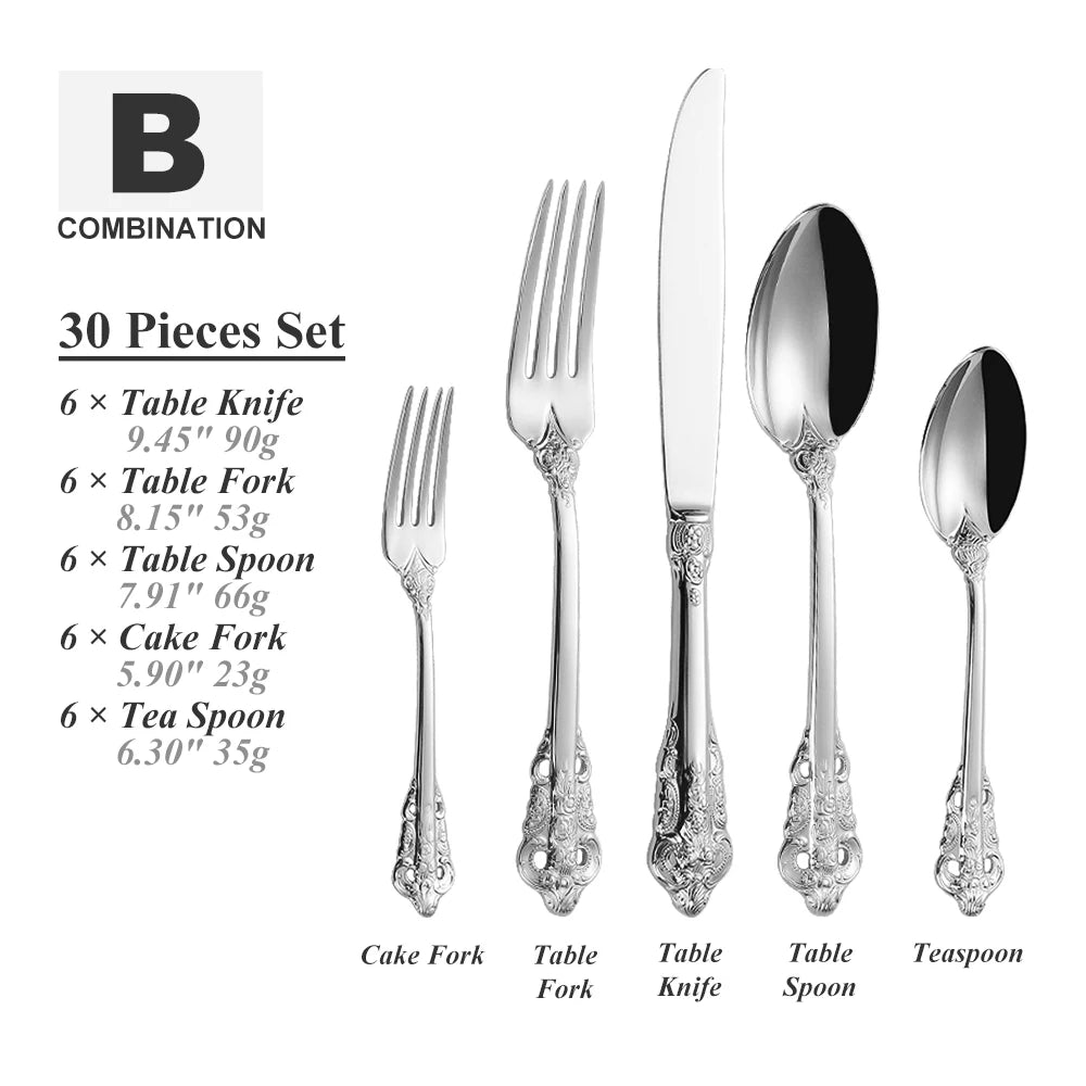 30-Pieces Royal Vintage Gold Plated Stainless Steel Cutlery Colorful Spoon Fork Knife Set Black Rose Gold Flatware Service For 6