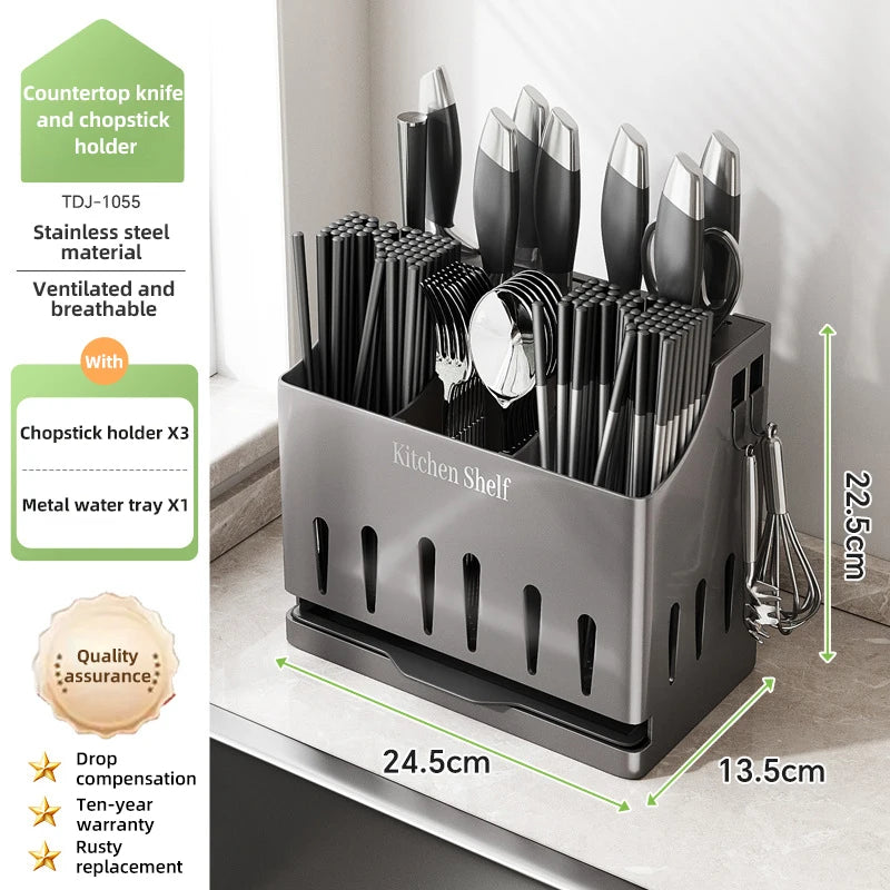 Cream Style Stainless Steel Kitchen Draining Rack, Wall Mounted Integrated Tableware Cage, Multifunctional Knife Chopsticks Stor