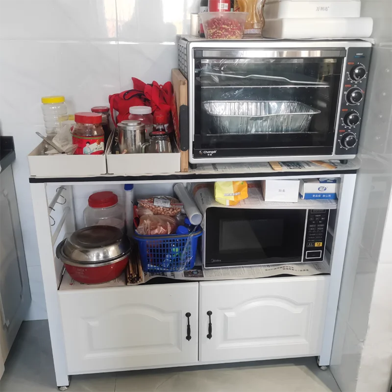 TieHo-Kitchen Storage Cabinet with Door, Floor Storage Shelves for Microwave Oven, Kitchen Accessories Organizer, Wooden Rack